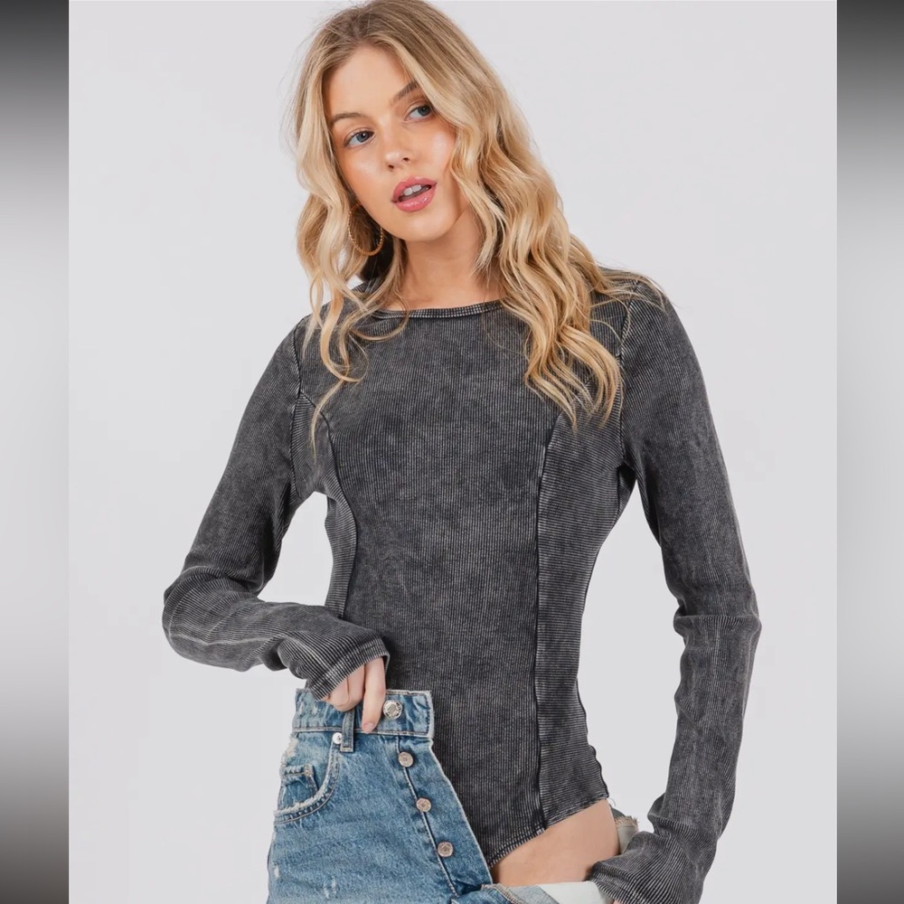 ShopEvelynne Charcoal Long Sleeve Bodysuit